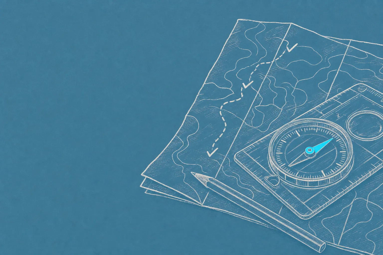 Ink drawing of a hiking compass resting on a folded trail map, a pencilled route checked off along the way.