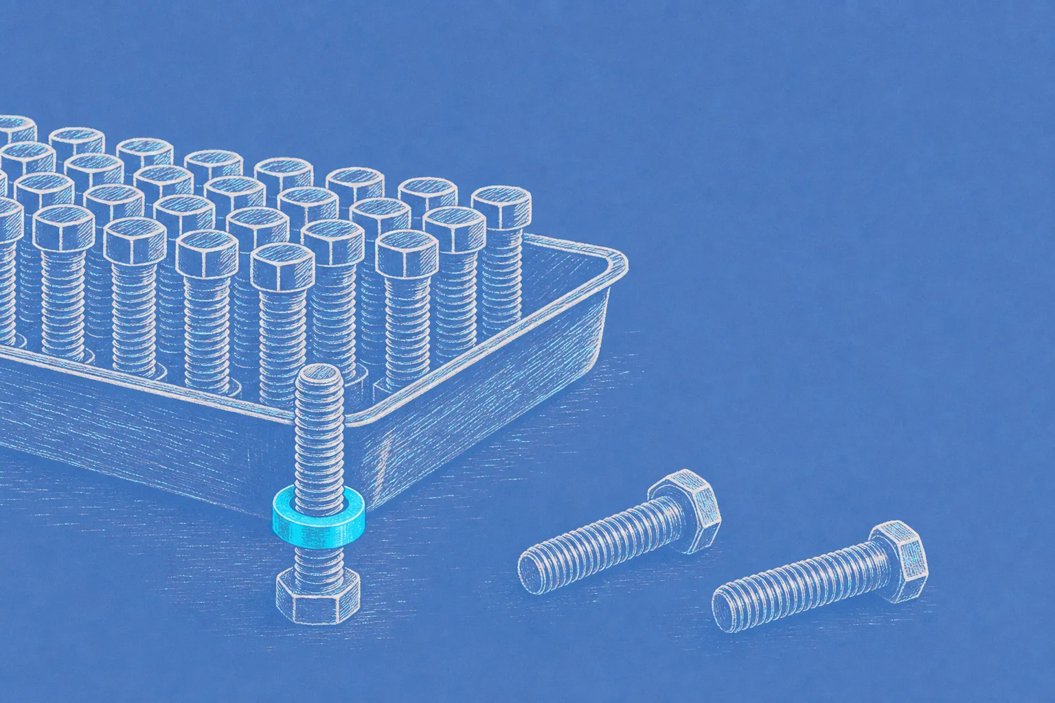 Ink drawing of a tray of identical bolts, one standing on the bench with a ring gauge around its thread and two set aside.