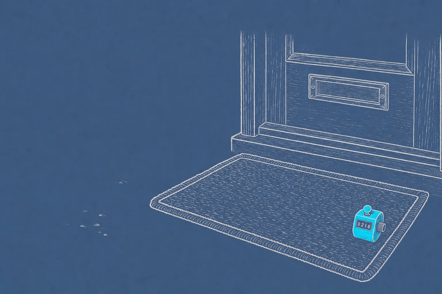 Ink drawing of an empty doormat below a closed mail slot, with a hand tally counter reading 0216 in one corner.