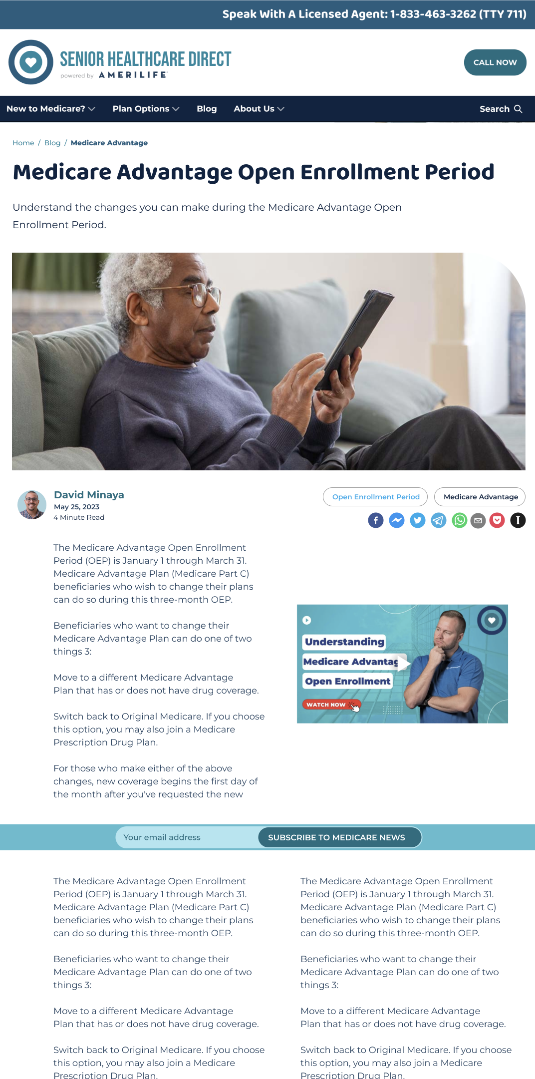 Redesigned blog article page for Senior Healthcare Direct showing the article Medicare Advantage Open Enrollment Period, with a site header, breadcrumb trail, hero photo, author byline, body copy beside a sidebar video callout, and an email subscription banner.