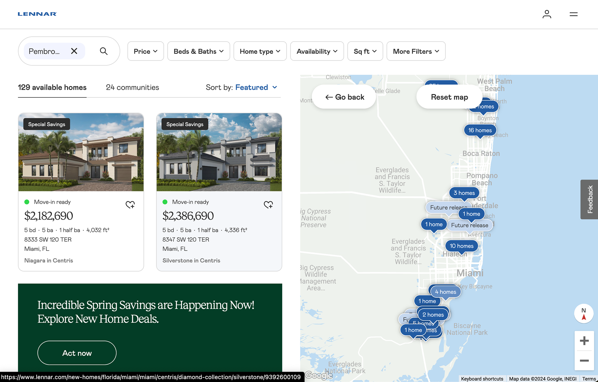 Lennar.com home search results page showing listing cards on the left and an interactive regional map on the right, with clustered pins displaying home counts by area across South Florida.