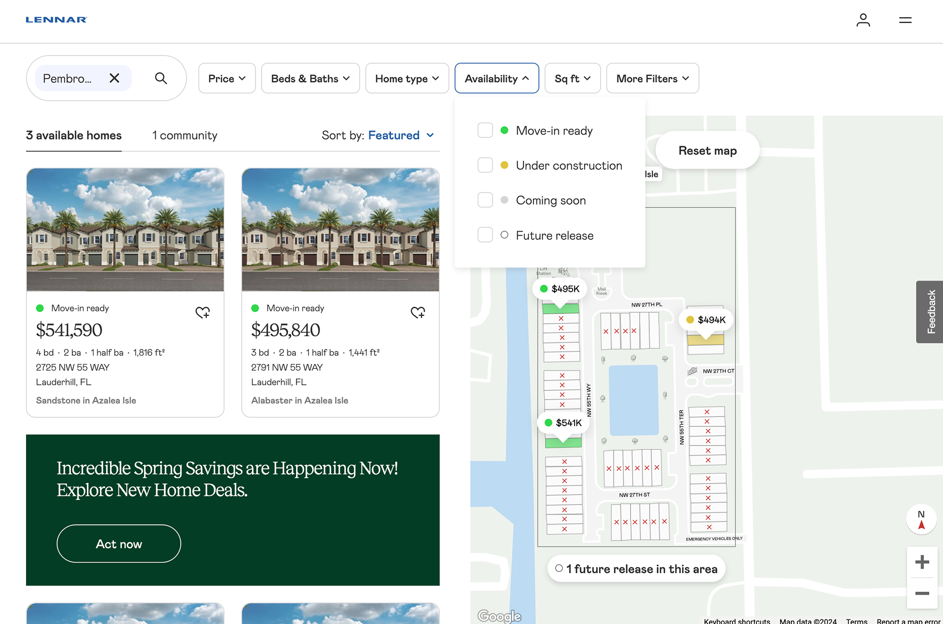 Community site plan for a Lennar townhome community showing individual lot outlines, sold lots marked, available homes with price pins, and an availability filter panel open above the map.
