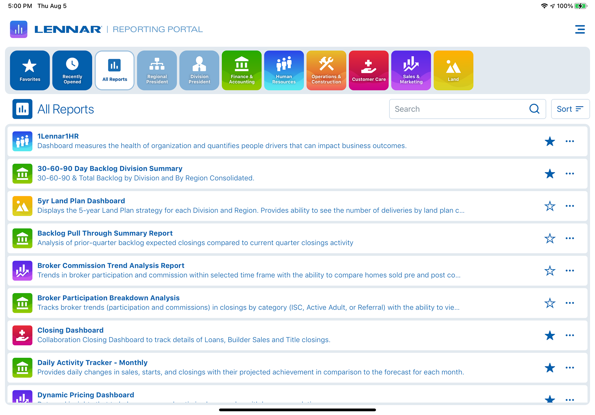 Light mode All Reports screen in the Lennar Reporting Portal app, listing dashboards such as 1Lennar1HR and Closing Dashboard beneath a row of category tabs for Favorites, Divisions, Finance, HR, Operations, Customer Care, Sales, and Land.