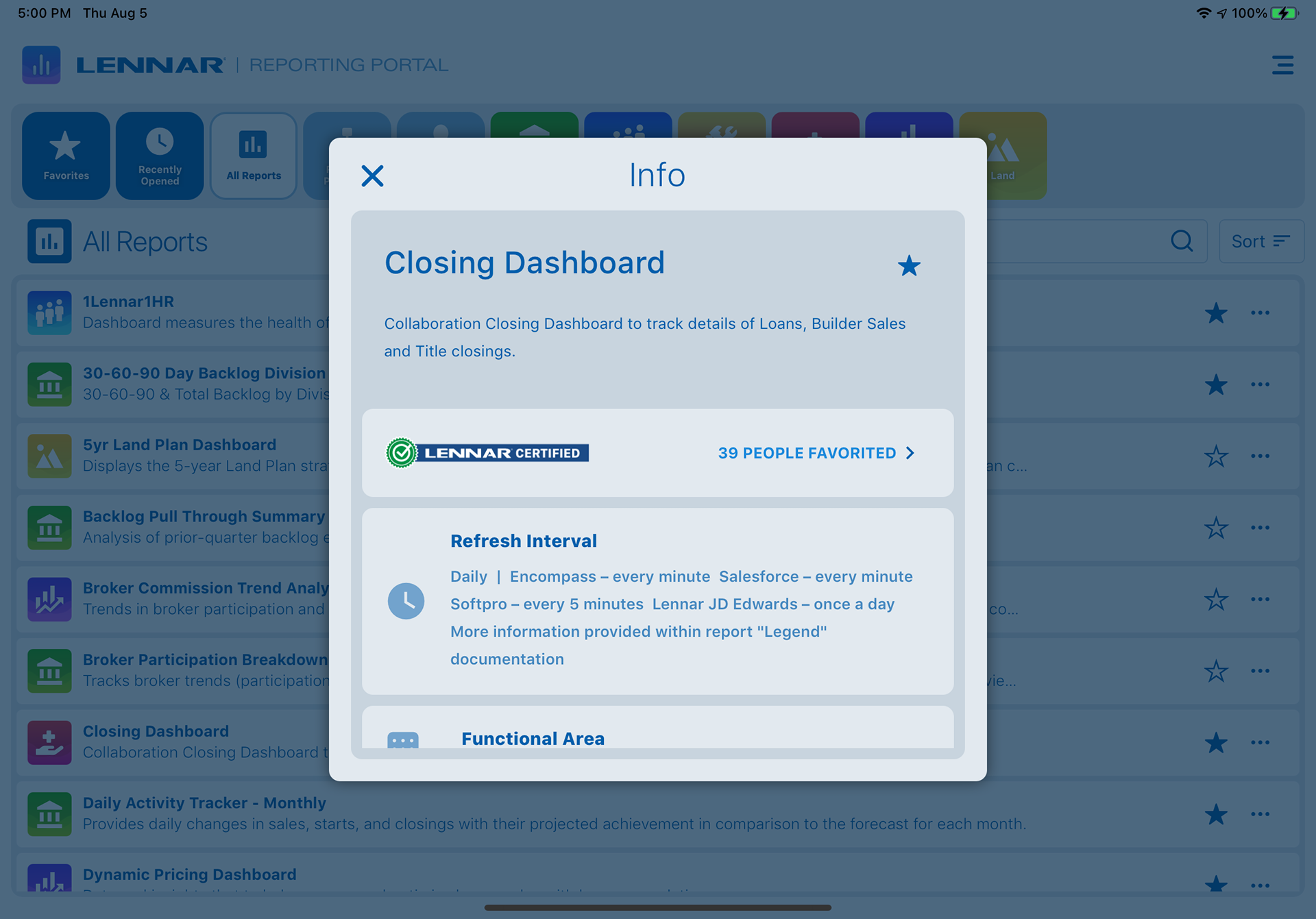 Info panel for the Closing Dashboard report in the Lennar Reporting Portal, showing its description, a Lennar Certified badge, a favorited-by count, and per-system data refresh intervals.