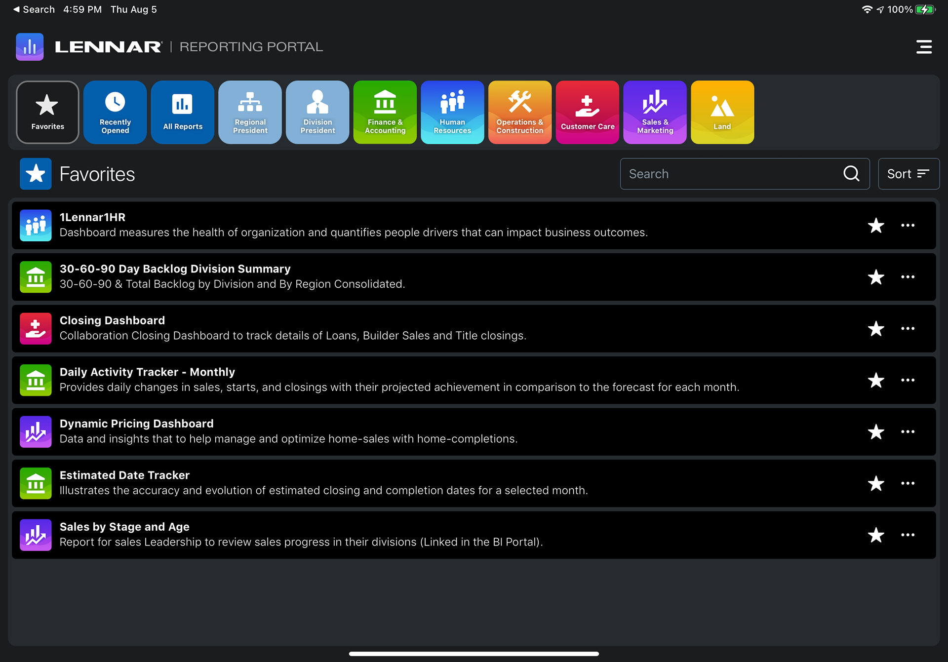 Dark mode Favorites screen in the Lennar Reporting Portal app, listing starred reports including 1Lennar1HR, Closing Dashboard, Daily Activity Tracker, and Sales by Stage and Age.