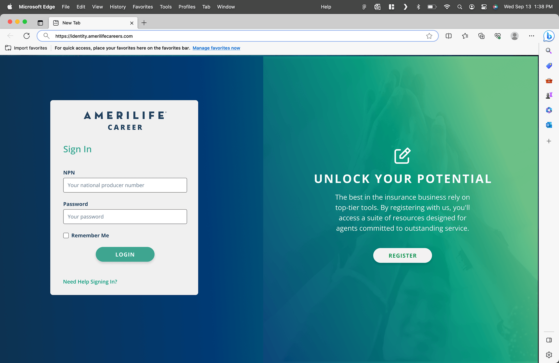 AmeriLife Career sign-in screen at a custom Okta identity domain, with fields for National Producer Number and password next to a green panel promoting agent registration.
