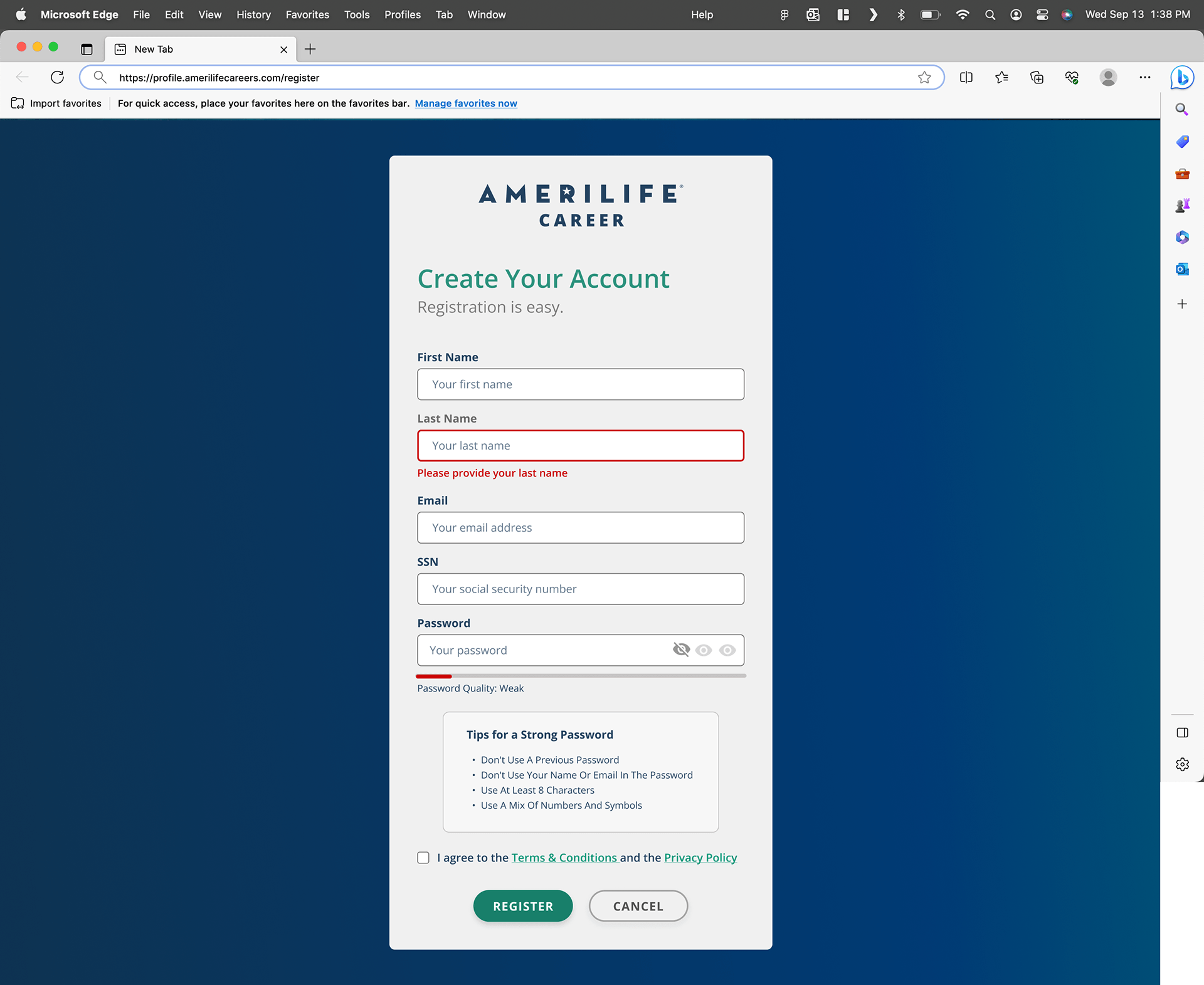 AmeriLife Career account registration form with First Name, Last Name, Email, SSN, and Password fields, a password strength meter, and tips for a strong password.