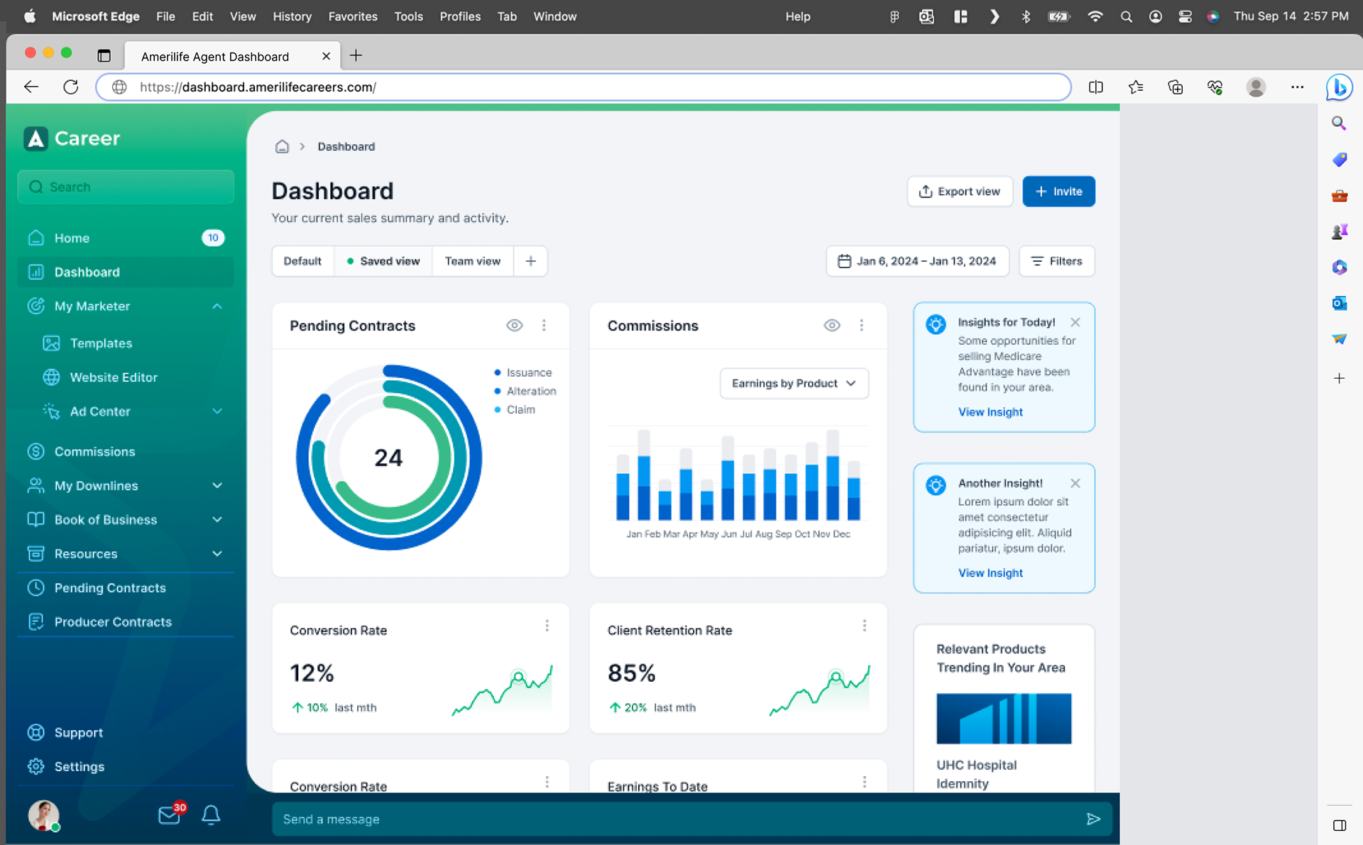 AmeriLife Agent Dashboard showing pending contracts, commissions by product, conversion rate, client retention rate, and personalized insight callouts.