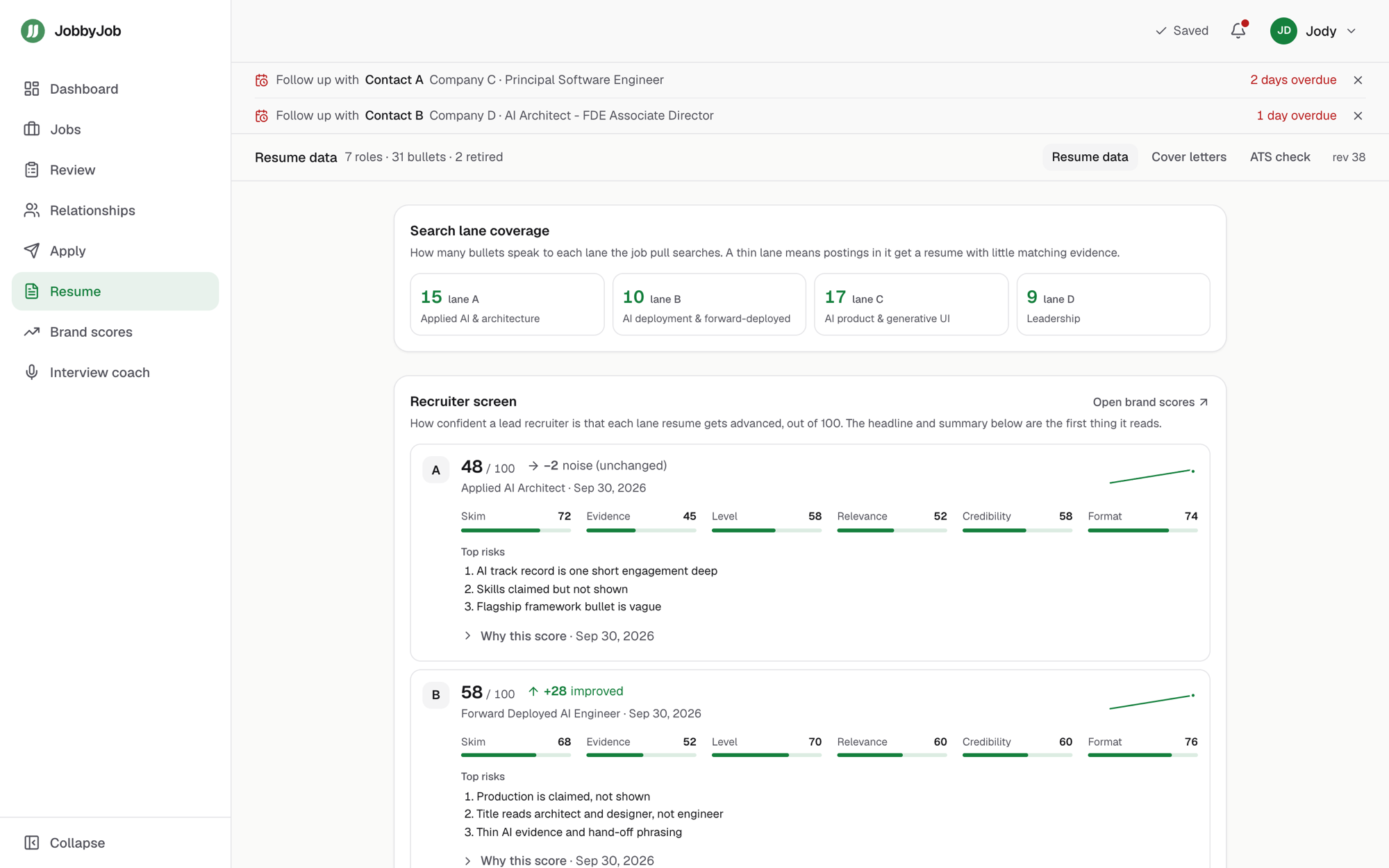 JobbyJob recruiter screen for lane resumes